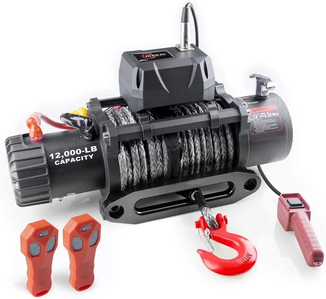 

12000lb Waterproof Electric Black Synthetic Rope Winch with Hawse Fairlead, Wired Handle