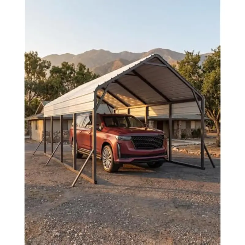 21 ft long x 13 ft 2 in wide x 10 ft 10 in tall all-weather steel shelter with 110-degree angled roof reinforcement bars triple