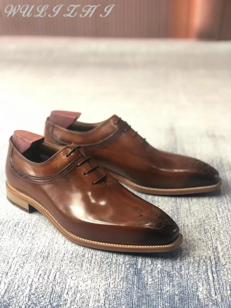 Vintage Cowhide Lace Up Oxford Shoes Embroidered Sewing Men Shoes Leather Soles Square Toe Comfortable Handmade Shoes
