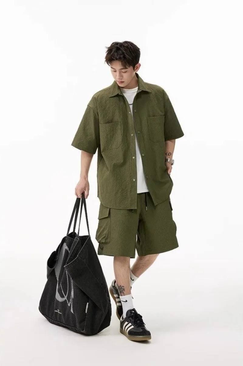 

Bubble Crepe Men's Summer Short Set Navy Blue Casual Shirt Shorts Two Piece Outfit Short Sleeve