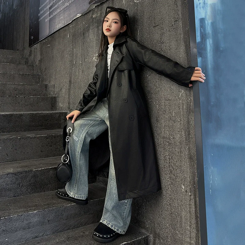 الخريف الشتاء في سن المراهقة الفتيات بولي Double مزدوجة الصدر خندق معطف الأطفال ملابس دراجة نارية ارتداء سترة جلدية 4 6 8 10 12 14 سنة #2