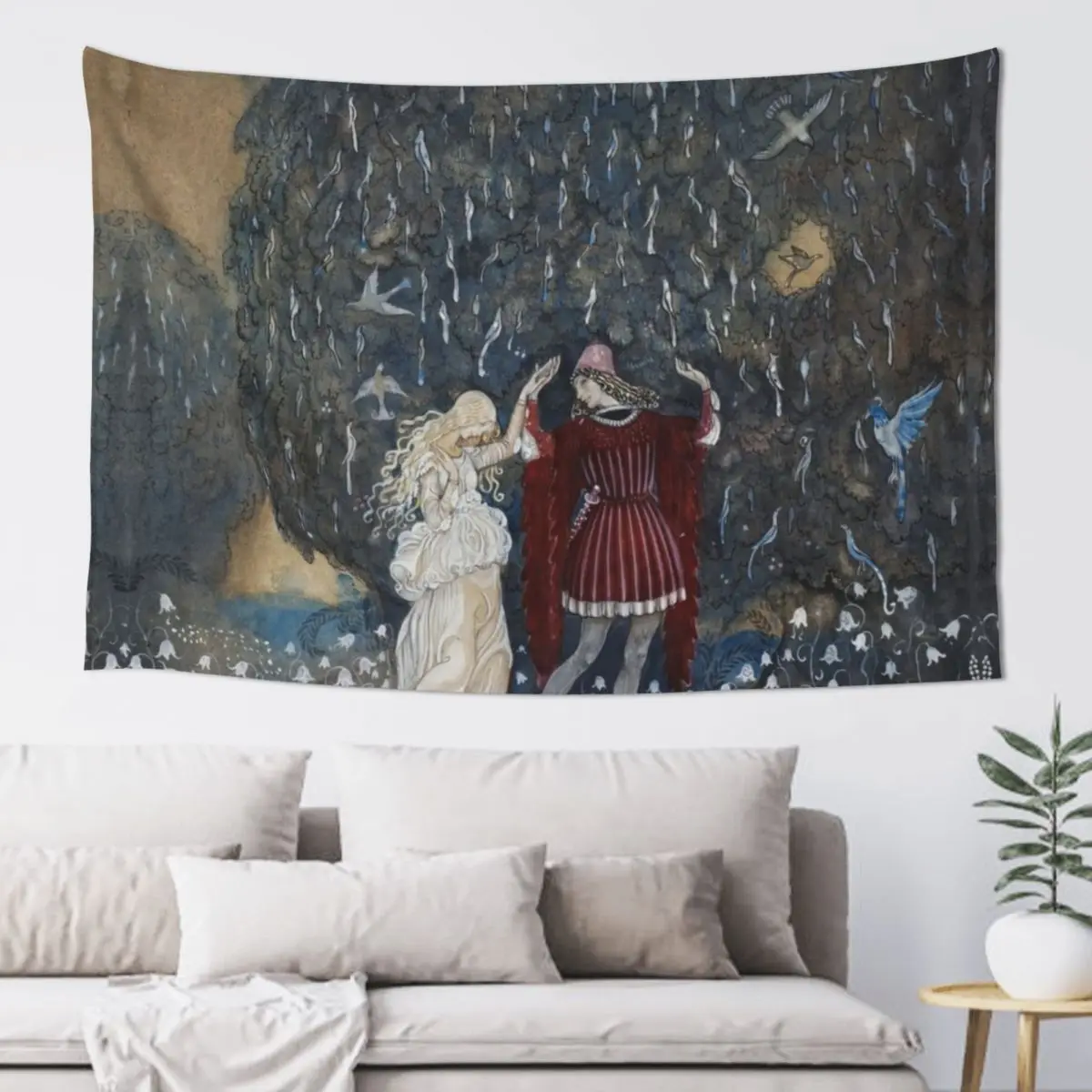 

LENA DANCES WITH THE KNIGHT AMONG BIRDS AND FLOWERS Swedish Fairy Tale Tapestry Wall Art Home Decor Aesthetic Tapestry