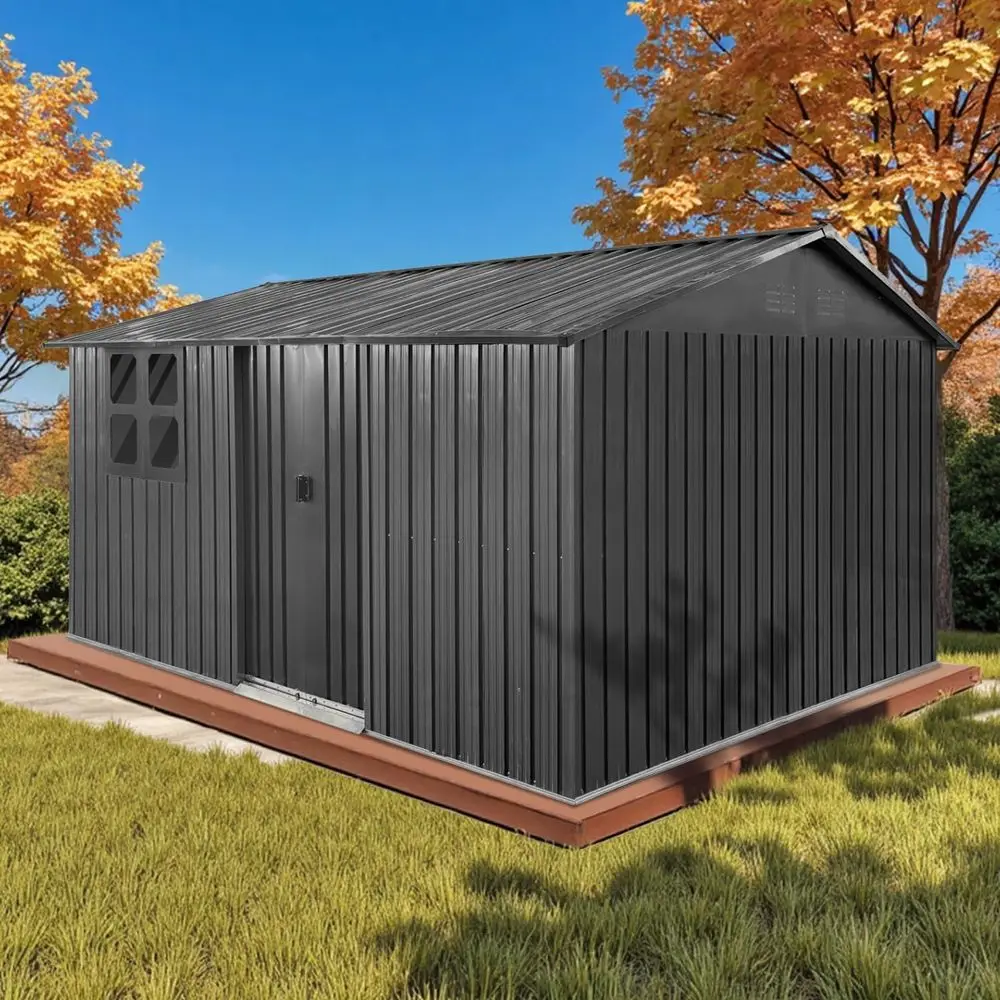 12x10 Outdoor Steel Storage Shed with Window, Sliding Door, and 4 Air Vents - Black