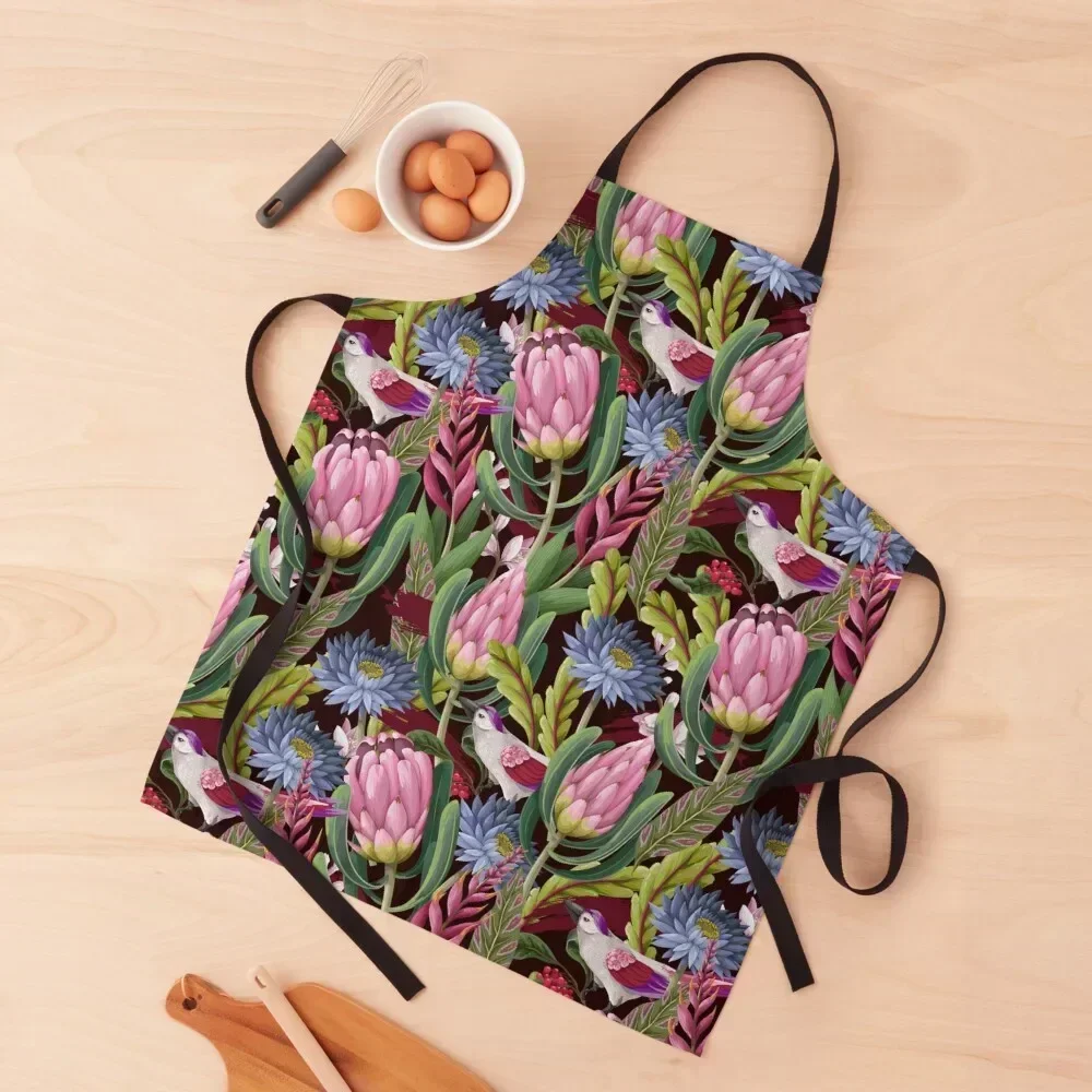 

Seamless pattern with protea and tropical flowers and birds, Trendy floral vector print Apron for home useful pieces Apron