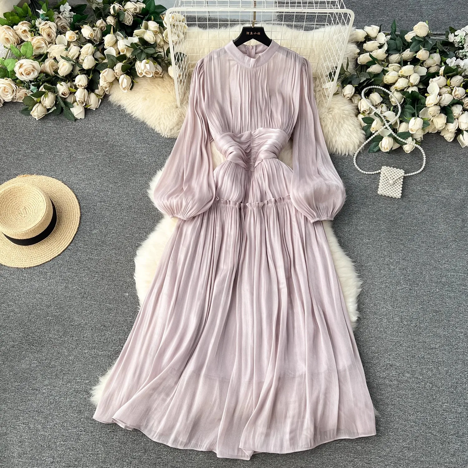 

2024 New Elegant Spring Organza Red Puff Sleeve Prom Long Dress Fashion Women Stand Collar Ruffles High Waist Party Long Clothes