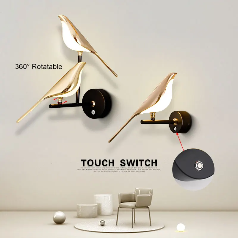 

Magpie Bird Wall Lamp Touch Switch ON/OFF Bedroom Bedside Living Room Light Fixture 360° Rotatable Foyer Wall Sconce AC85-265V