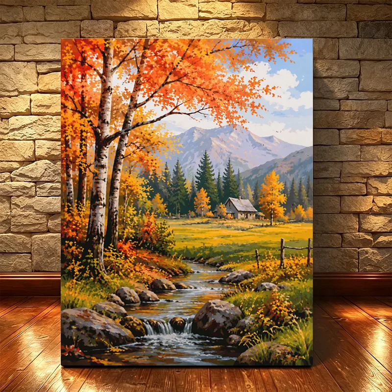 1 Set Professional Art Use Adult Digital Oil Painting Painting Kit Coloring | Golden Autumn Mountain Forest Stream Scenery | 40X