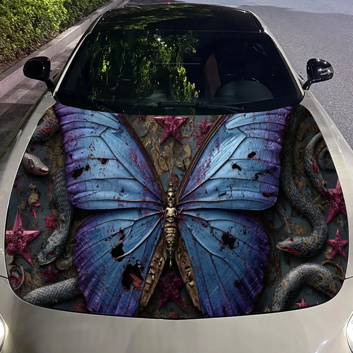 Striking Purple Butterfly Car Hood Stickers - Self-Adhesive, Waterproof and Durable Vinyl Wrap, Decorate And Protect Your Car, F view 4
