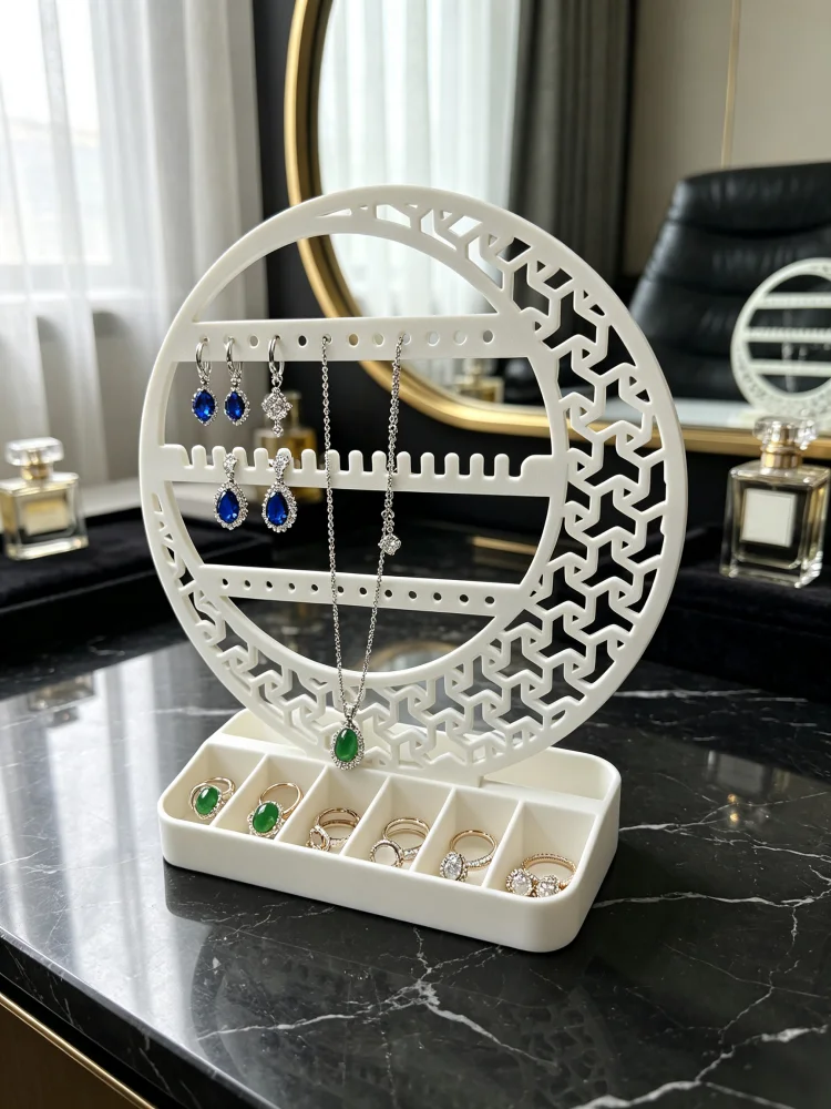 Matte White Round Jewelry Display Stand, Geometric Lattice Hollow-Out Design, Multi-Layer Jewelry Storage Rack with Compartmentalized Base Tray, Anti-Tangle Earring Holder, Necklace Hanger, Ring Organizer Tray, Perfect for Bedroom, Dressing Table, Bathroom Countertop, Dorm Room Essentials, with a Stunning Appearance, Ideal for Gift-Giving