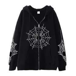 Spider Cobweb Zipper Hoodies Retro Gothic Hip Hop Streetwear Hoodie Women Men Fashion Oversized Sweatshirt Couples Jacket Coat