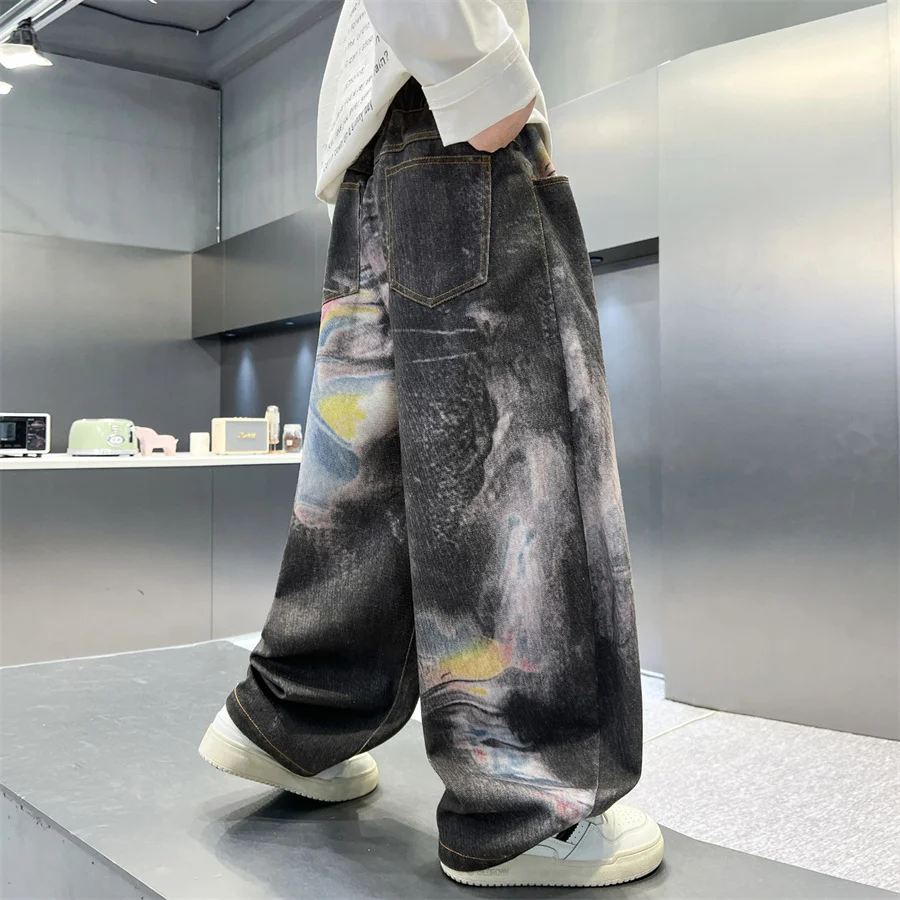 New Arrival Children Street Style Gray Color Distressed Jeans with Paint Printed for Kids Boys Fashion Designer Denim Pants 5-14