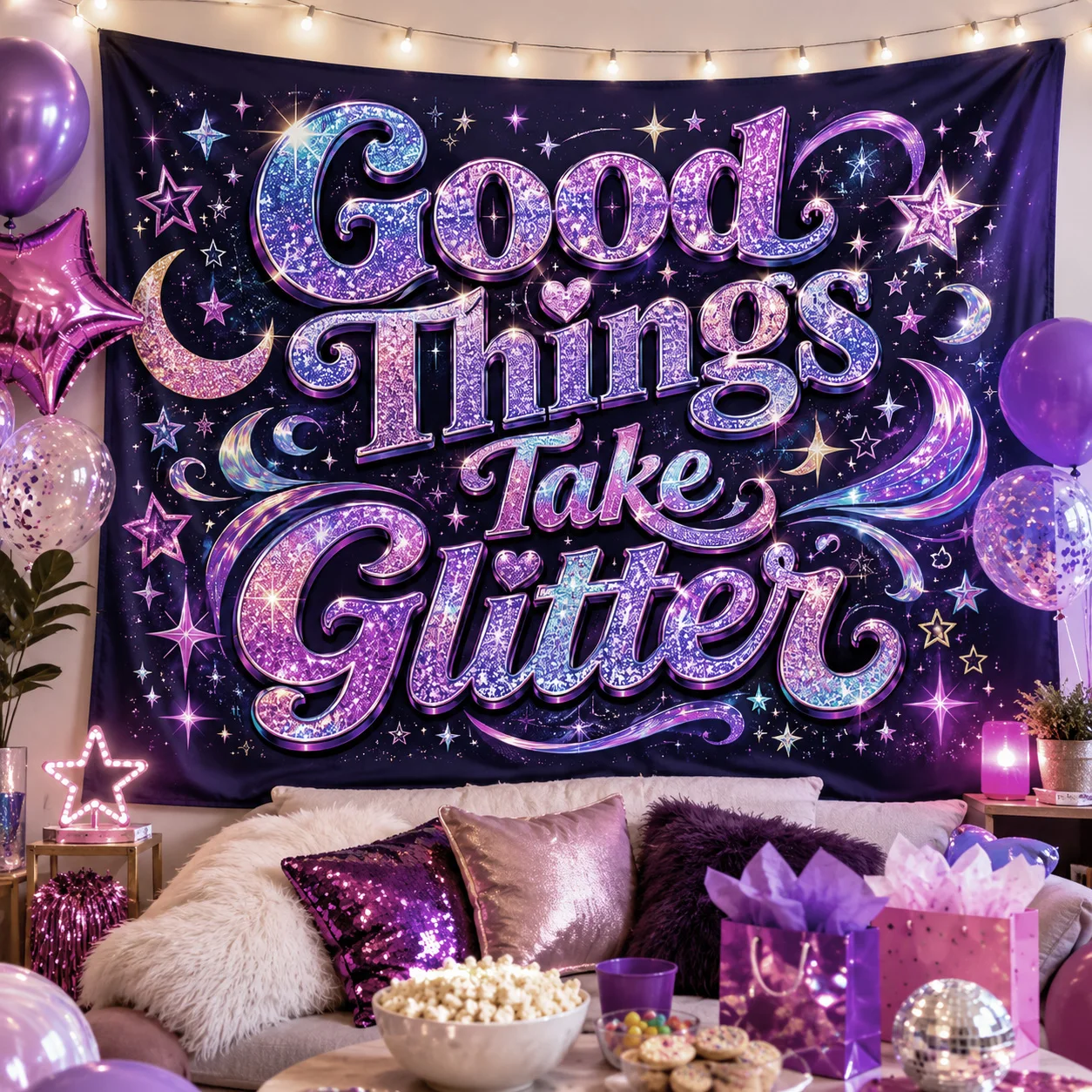 Good Things Take Glitter Wall Tapestry, Purple Y2K Funny Quote Decor for College Dorm Bedroom Birthday Gift Party Backdrop