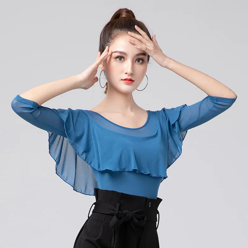 Solid Color Flamengo Girl Latin Dance Tops Competition Women Elegant Ruffle Top Practice Girls Slim Fit Line Costume Clothing