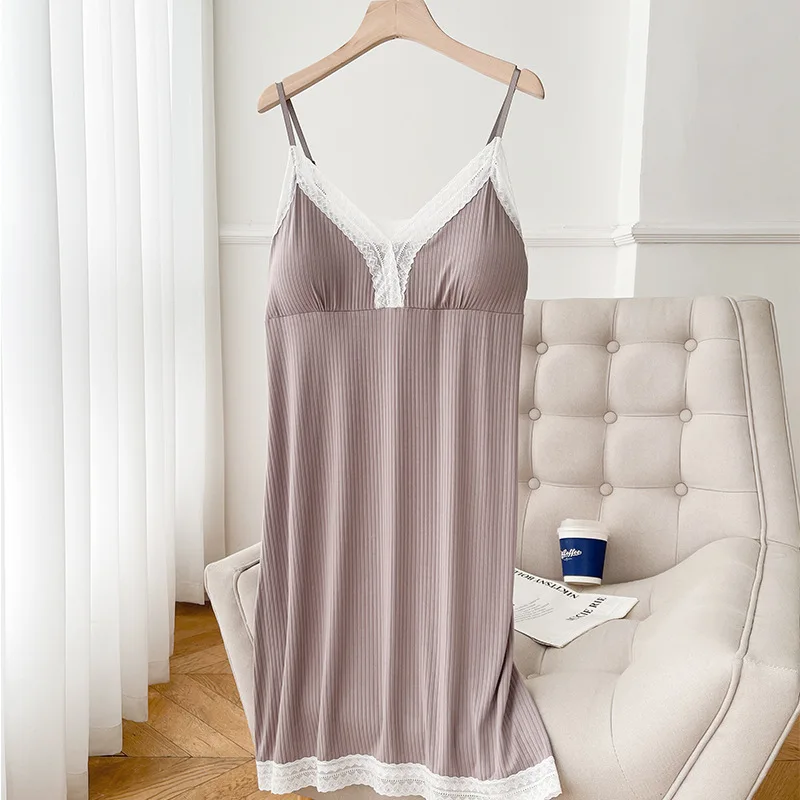 Modal Female Nightgown Sleepwear Spring Summer Suspender Nightdress Intimate Lingerie Sexy Lace Nightwear Loose Home Dress