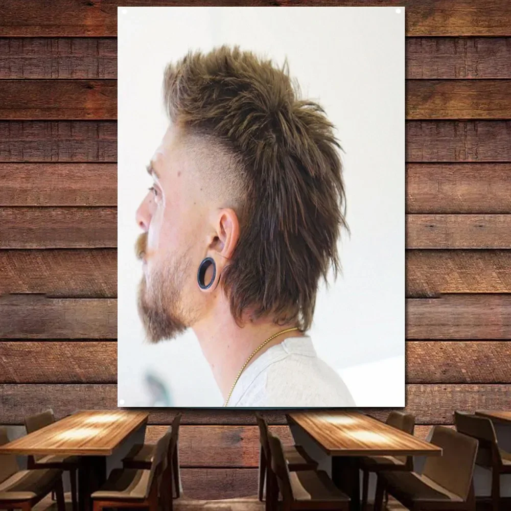 Mullet haircut for thick hair faux Banner Wall Hanging Flag Hairstyling Posters Digital Printing Barber Shop Wall Art Tapestry
