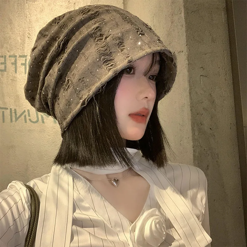 

Punk Style Ripped Slouchy Beanie for Women Hip Hop Baggy Solid Color Knitted Hat Streetwear Winter Warm Pullover Cap