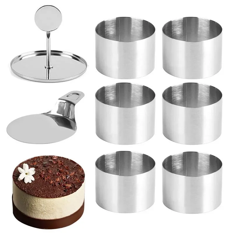 JUSTINLAU Cake Ring Molds Round/Heart Shape Stainless Steel Rice Ball Mousses Mold with Pusher&Pallet Kitchen Pastry Accessories