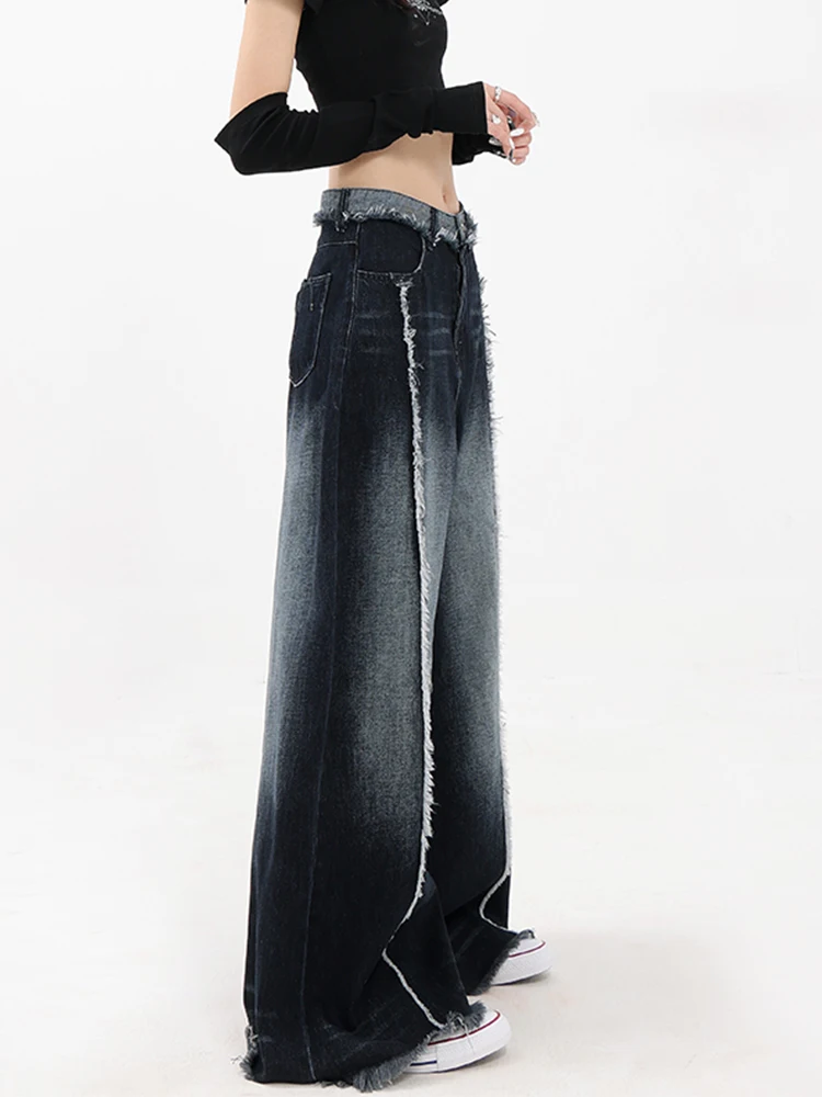 

Autumn Women's Baggy High Waist Black Wide Legs Slim Casual Trousers Raw Edge Korean Fashion Straight Pants Trend Female Y2k