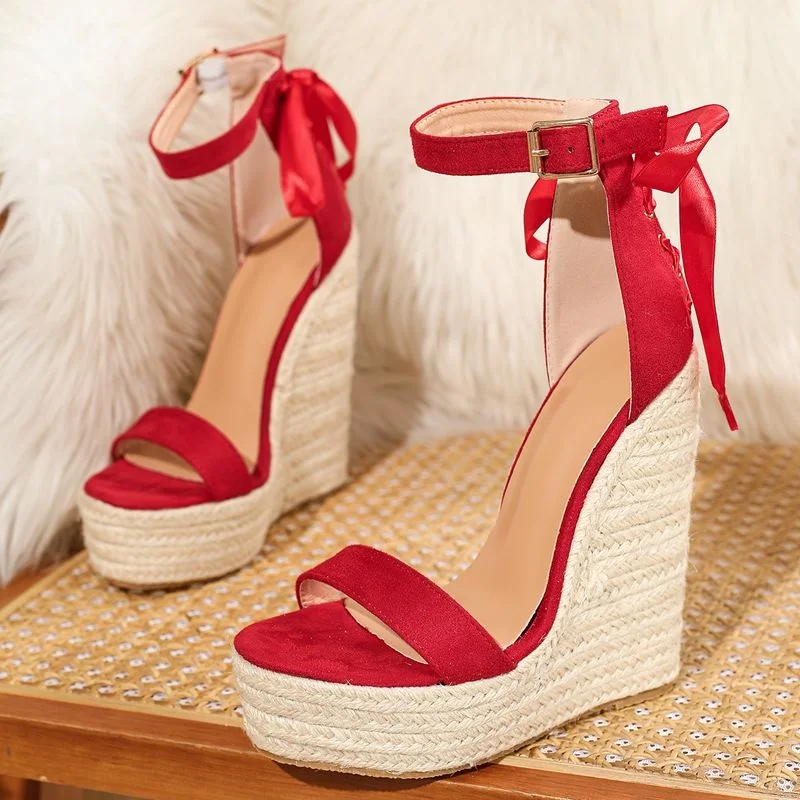 Eilyken Design Style Back Lace-up Platform Weave Wedges High Heels Women Sandals Fashion Buckle Strap Red Wedding Summer Shoes