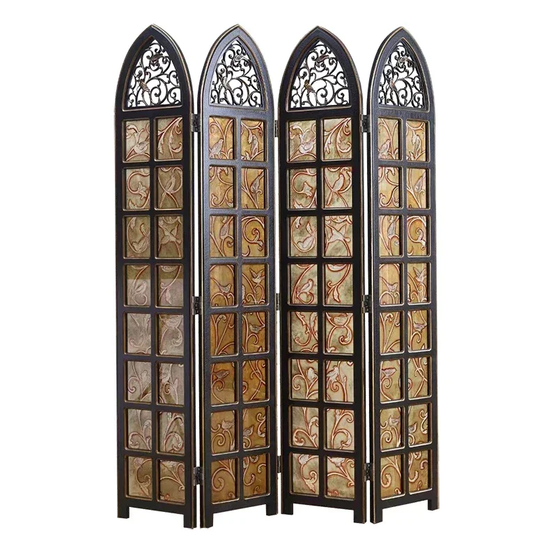 

European screen porch partition living room folding screen American retro hollow bedroom engraved stained glass screen53