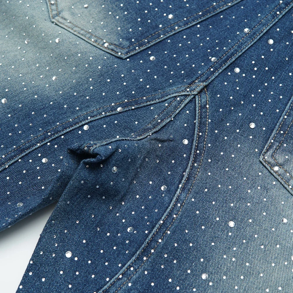 جديد الدينيم فضفاض ممزق الجينز مع أحجار الراين ريترو خمر شارع العليا نمط الهيب هوب مستقيم بنطلون الشارع الشهير الجينز للرجال