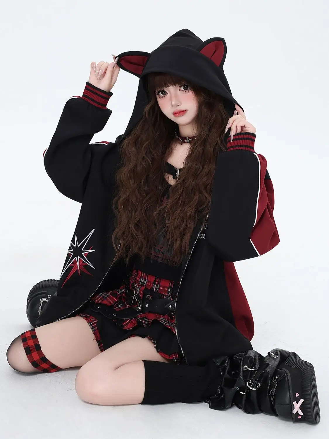 Gothic Aesthetic Streetwear Women Baseball Jacket Y2k Cat-Ear Black-Red Hooded Autumn Versatile Print Coat Bomber Jacket Women