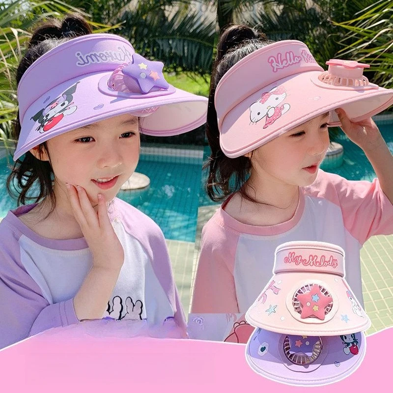 

Anime Sanrio Kids Empty Top Sun Hat with Rechargeable Fan Hello Kitty Melody Wide Brim UPF50+ UV Protection Summer Visor Cap New