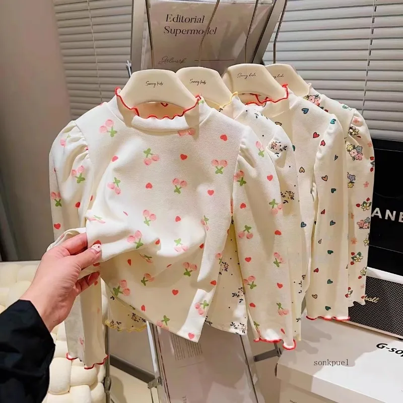 New Autumn and Winter Girls Print Pullover Tops Korean Version Childrent Clothes Female Baby Tredny Versatile Bottoming Shirt