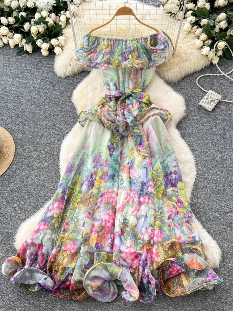 

French Vintage Long Dress Slash Neck Sleeveless Three Dimensional Ruffles Lace-up Dress Print Summer Design Women Clothing 2024