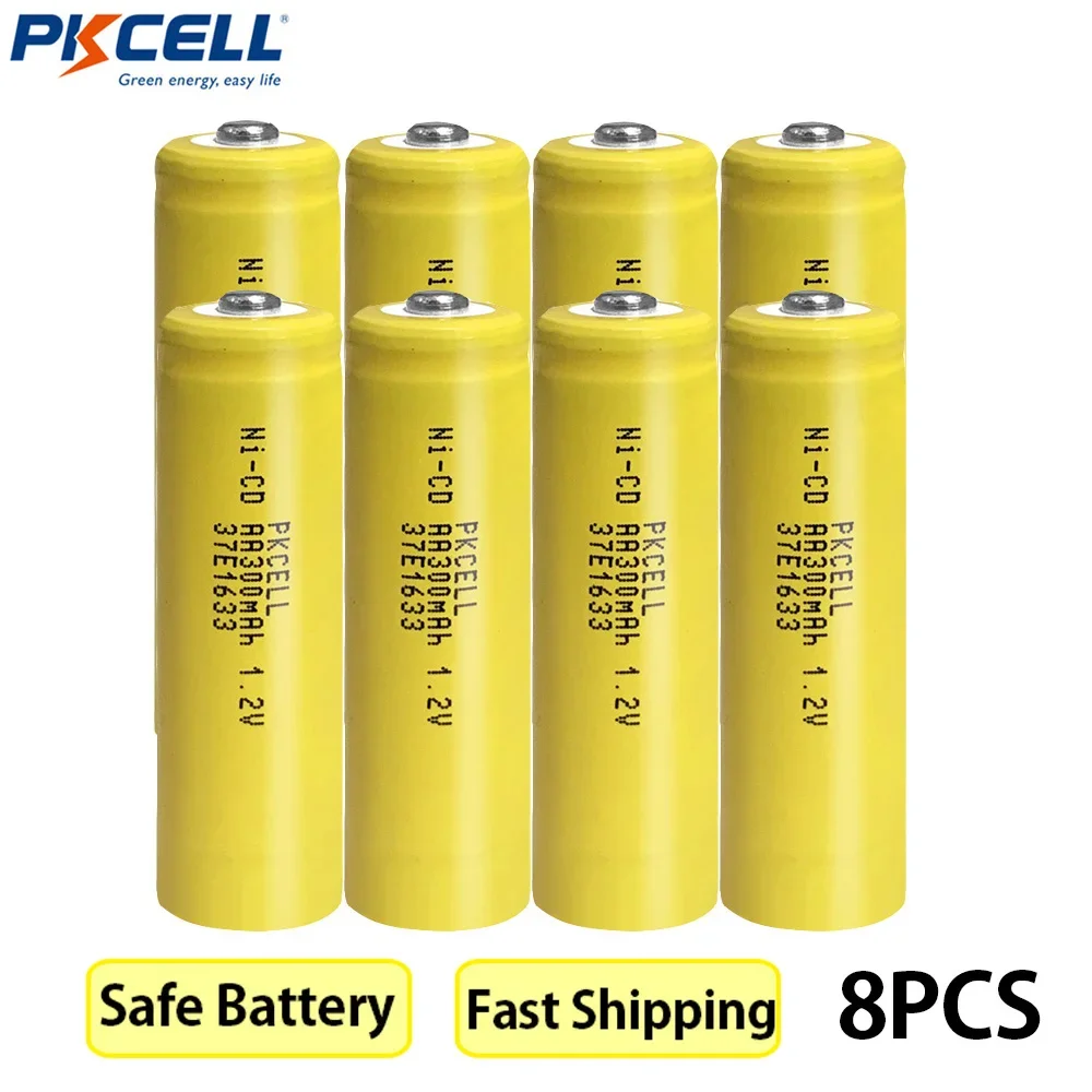 PKCELL 8PCS 300mAh AA NiCd 1.2v Rechargeable Batteries AA300mAh NiCad Battery For Garden Solar Light LED