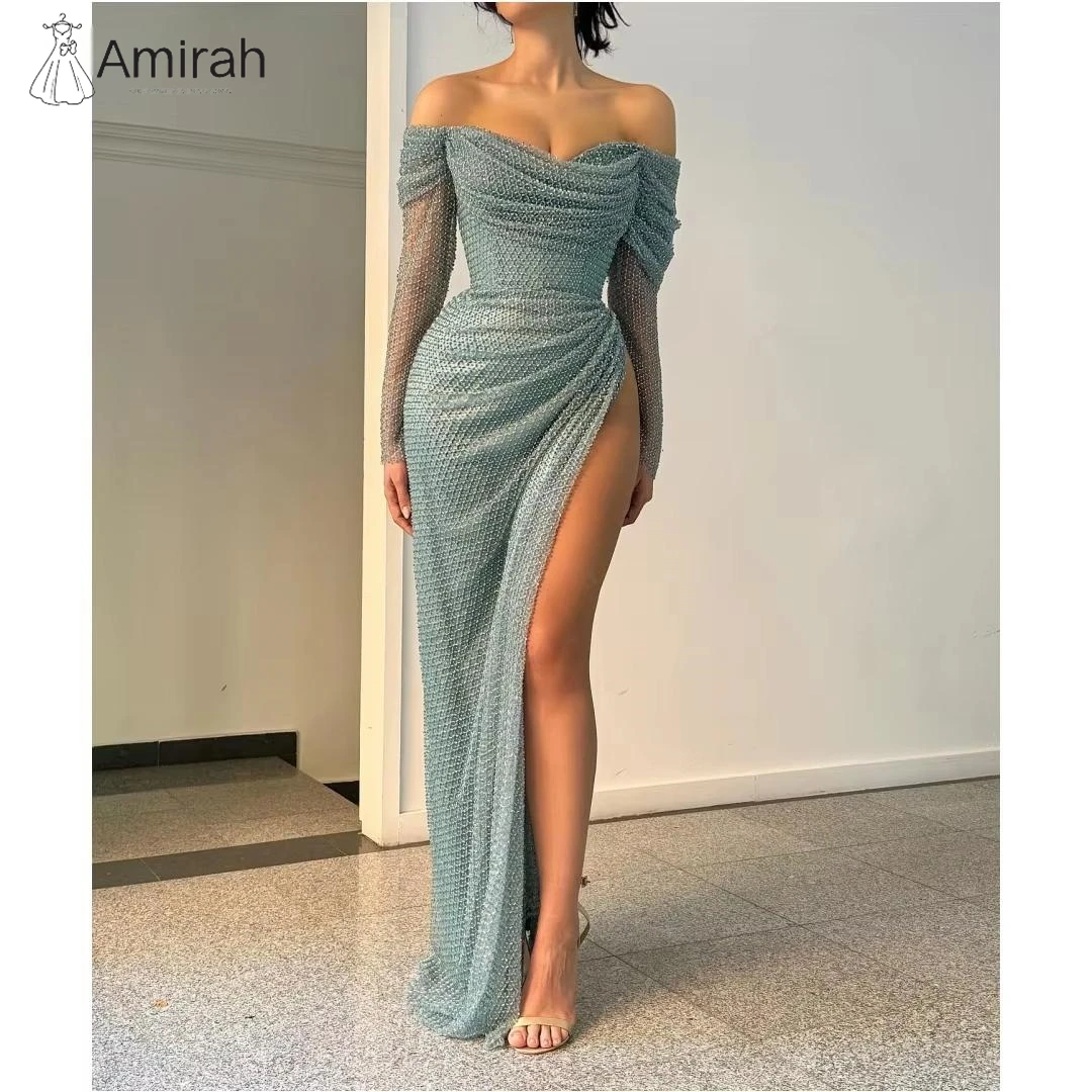 

Amirah Элегантные платья для выпускного вечера «рыбий хвост» 2025 года. Вечерние платья с разрезом по бокам на заказ для роскошных вечеринок. Свадебное платье с открытыми плечами.