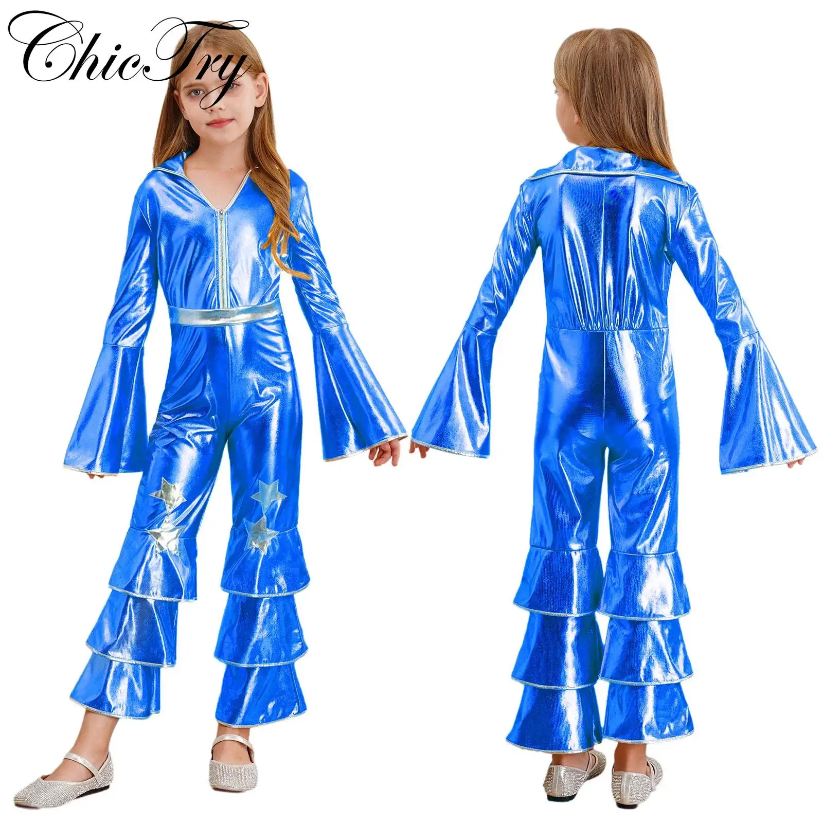 

Girls 1970s Disco Dance Costume Cosplay Jumpsuit Long Flare Sleeve Bell Bottom Romper Retro Hippie Party Stage Performance