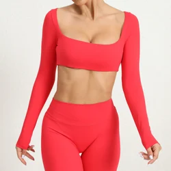 Women Crop Tops Yoga T-shirts Solid Sports Top Long Sleeve Running Shirts Quick Dry Fitness Gym Sport Gymwear
