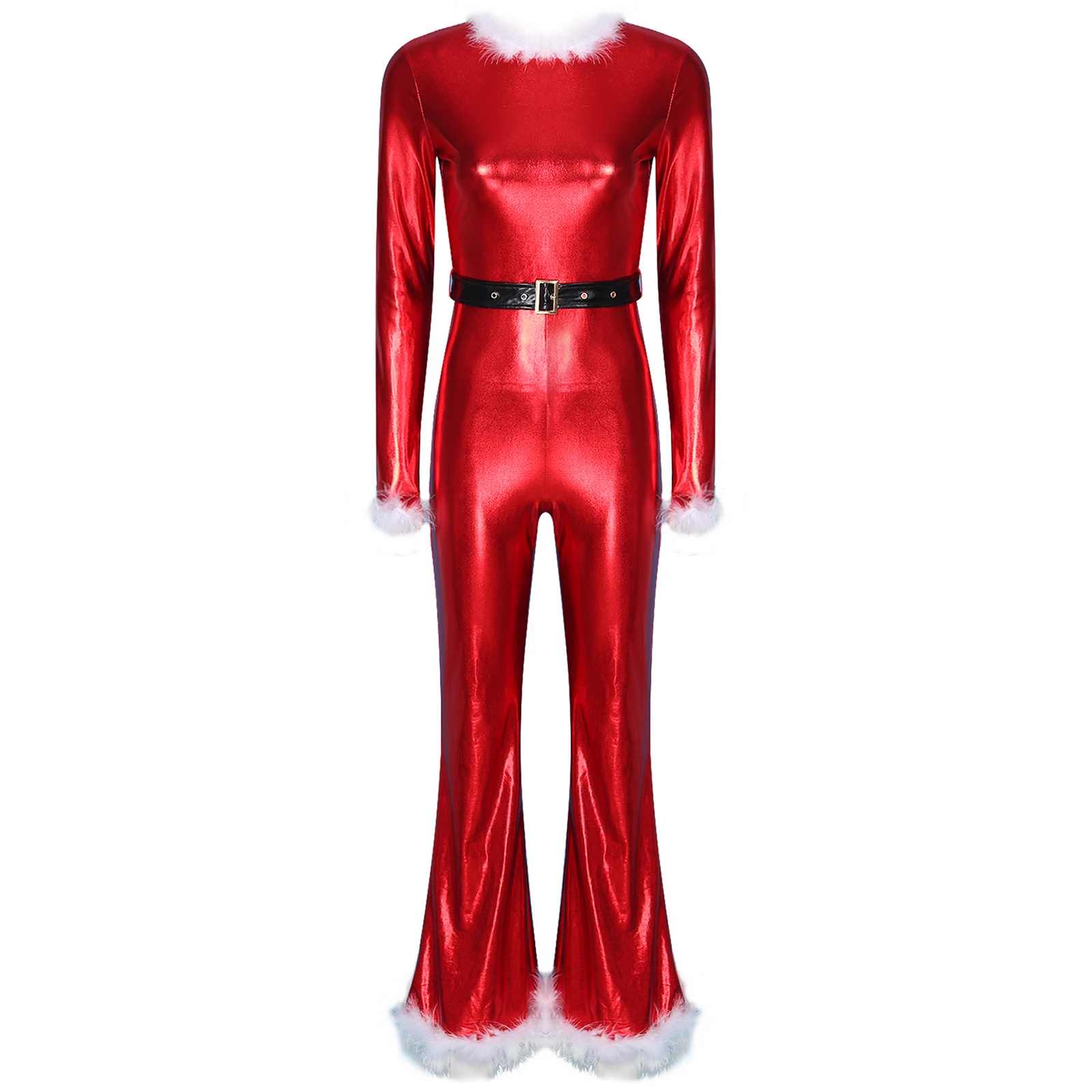 Vrouwen Kerst Outfit Festival Jumpsuit Riem Decor Lange Mouw Fuzzy Feather Bodysuit Xmas Mrs Santa Claus Cosplay Kostuum