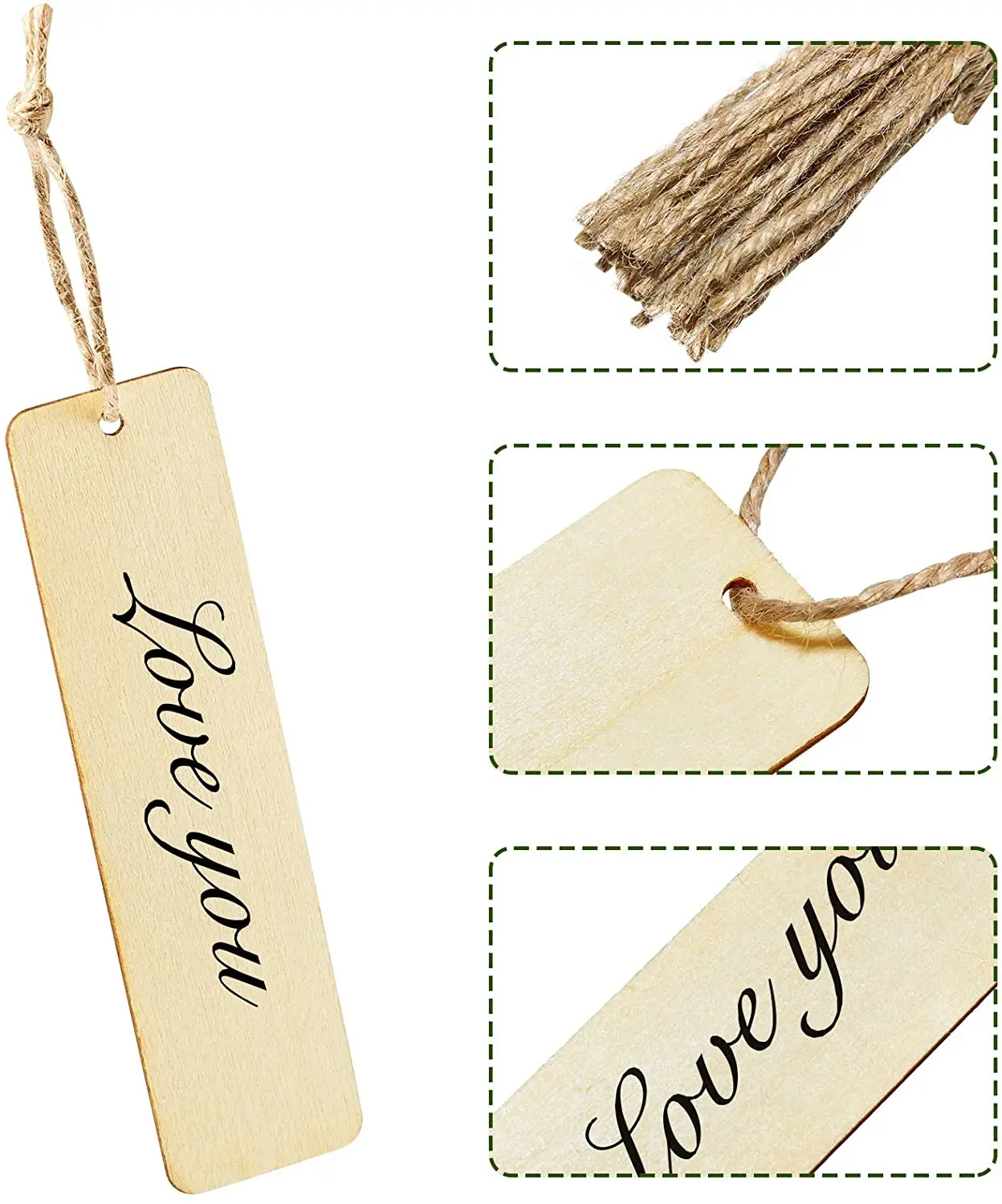 100pcs Wood Blank Bookmarks Rectangle Shape Hanging Tags garden Wooden Book Markers Ornaments with Holes and Ropes  DIY Crafts image 6