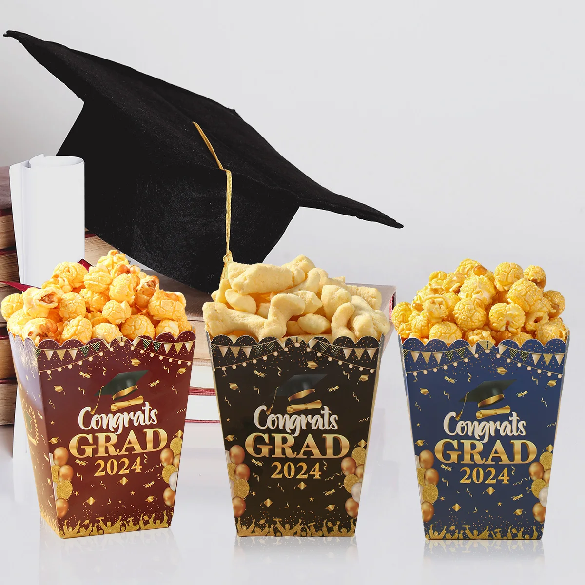 6pcs Grad Cap Popcorn Boxes Candy Cookie Box Graduation Season Theme Party Congratulation Class Of 2024 Grad Party Supplies