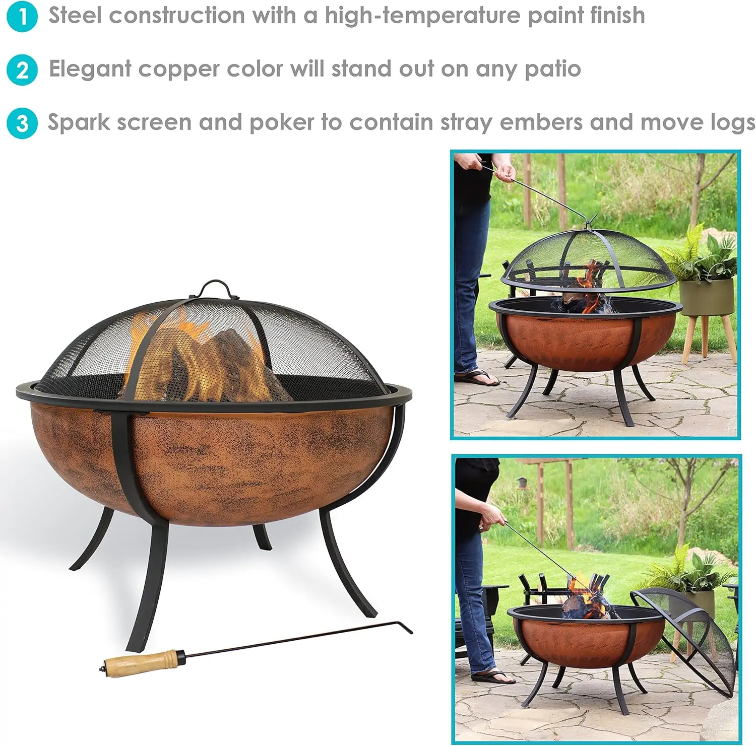 32-Inch Steel Fire Pit Bowl - Includes Spark Screen, Wood Grate, and Poker - High-Temperature Copper Finish