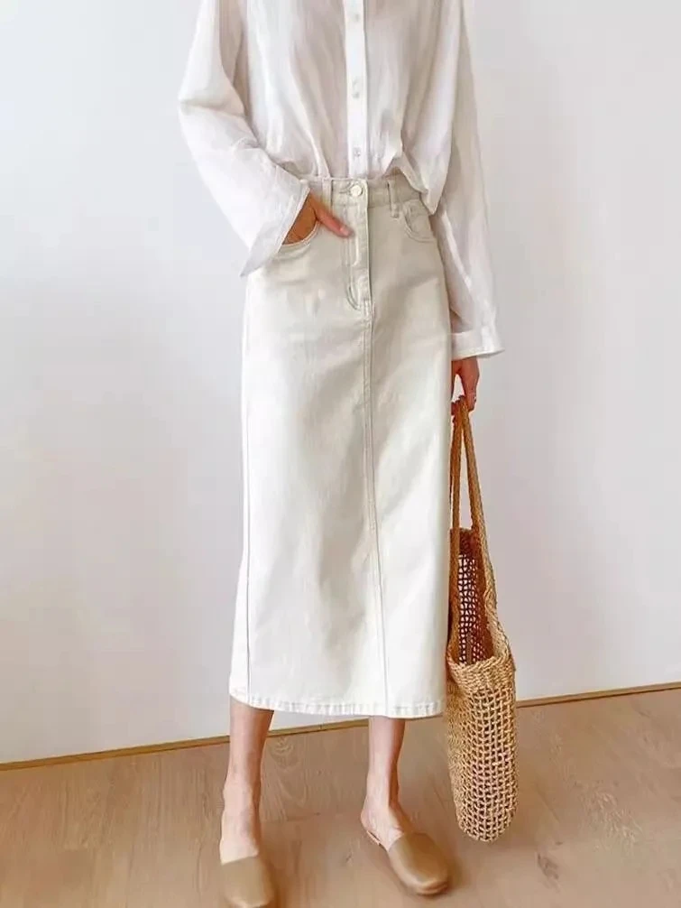 

Solid Denim Long Skirts for Women Vintage Casual High Waist Slit A Line Skirts Summer 2025 New Fashion Simple Y2k Skirt