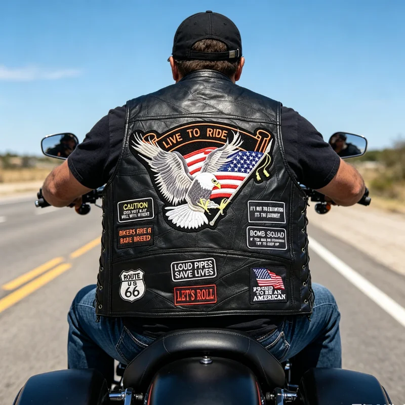 

Vintage Biker Club Vest Flag Patched Vest，Multiple Patches Harley Style Sleeveless Waistcoat for Chopper/Cruiser Riding Jacket