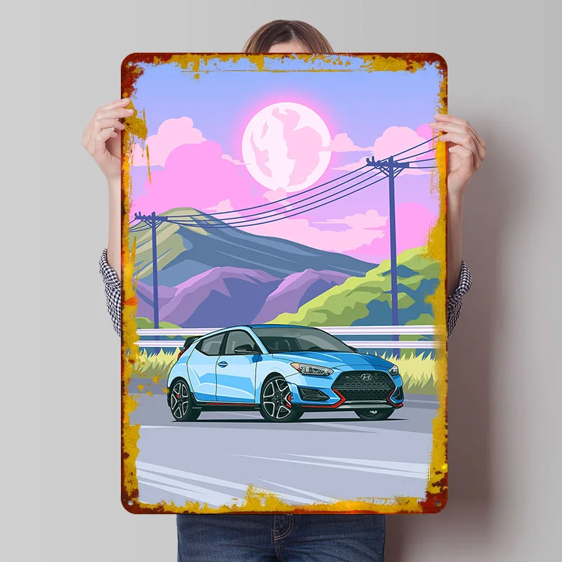 

Синий корейский автомобиль Veloster N: винтажный металлический постер, настенная ретро-табличка, декоративная табличка для комнаты, украшение для интерьера