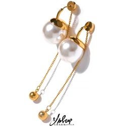 Yhpup Korean Imitation Pearls Chain Long Drop Stainless Steel Earrings Temperament Geometric Fashion Chic Party Jewelry Women