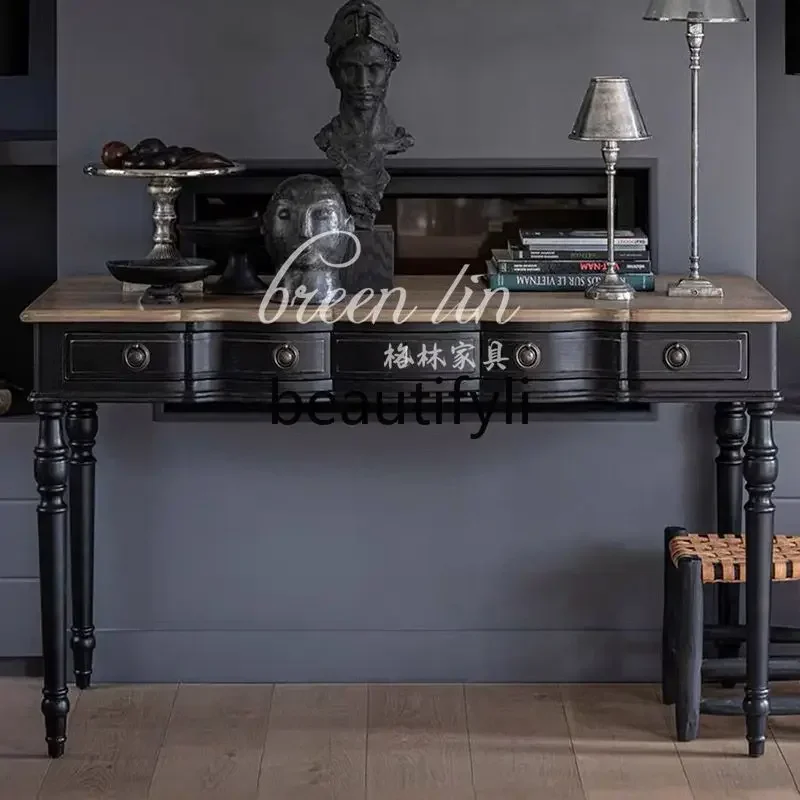 

French retro solid wood desk American country entrance table simple long computer desk6220