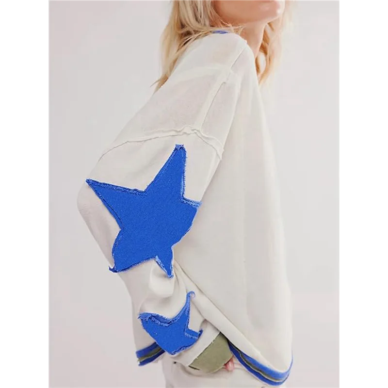ASDS-Women Oversized Cotton Long Sleeve Shirts Tops Star Crewneck Pullover Y2K Fall Winter Grunge Clothes