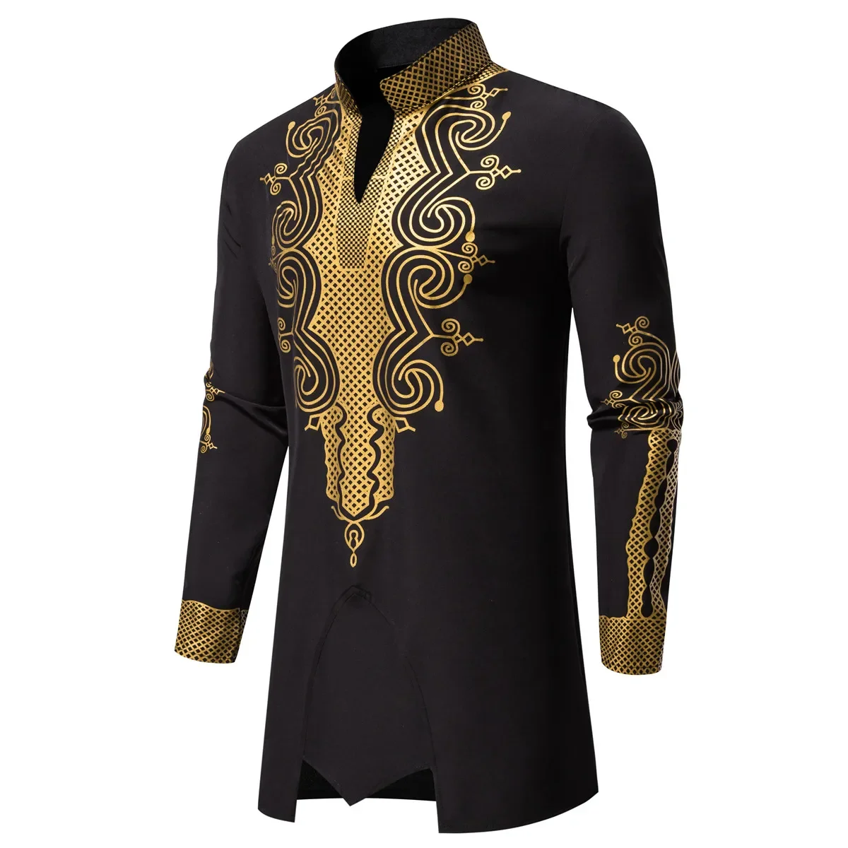 New Men's Fashion Print Long Sleeve Totem Round High Neck Long Comfortable African Style Loose Pants Suit