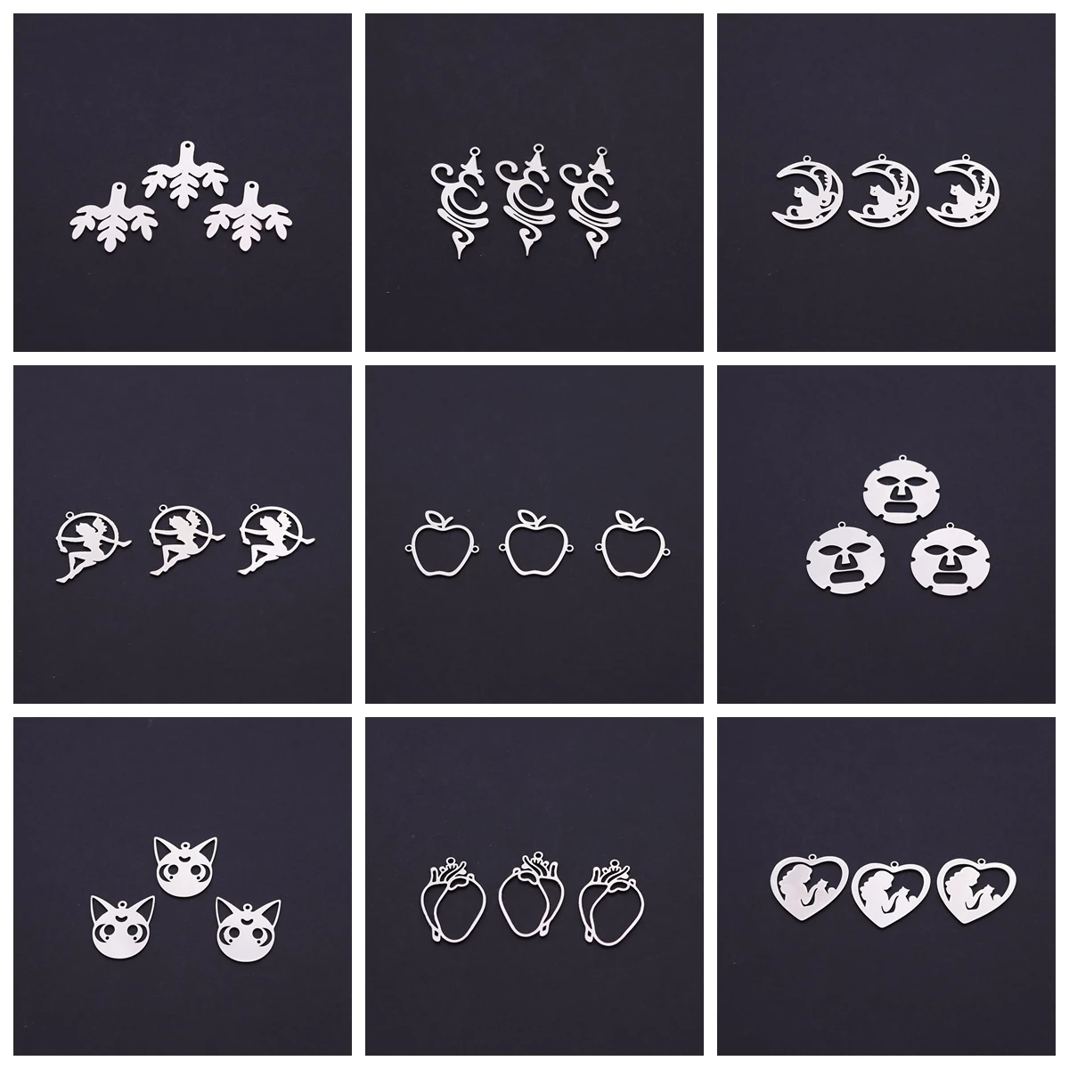 3pcs Moon Phase Cat Apple Face Square Stainless Steel Pendant Charms For Jewelry Making Necklace Earrings Craft Diy Accessories