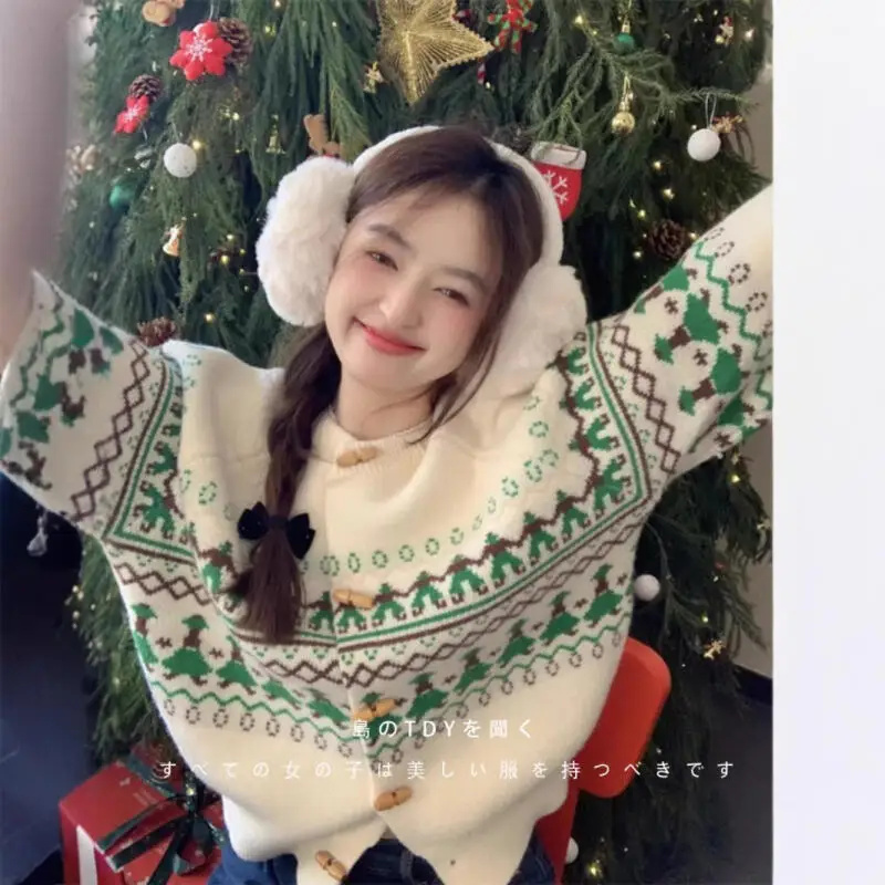 Fair Isle Jacquard Damen Strickjacke Pullover Strickwaren Mädchen Rundhals Kapuzenpullover Herbst Winter Adrette Top Mantel