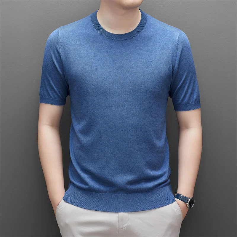 High Quality Men's Sheep Wool Tee Clothes Spring & Autumn Casual O-Neck Knitwear Tops Male Short Sleeve  Silk Wool Jumpers