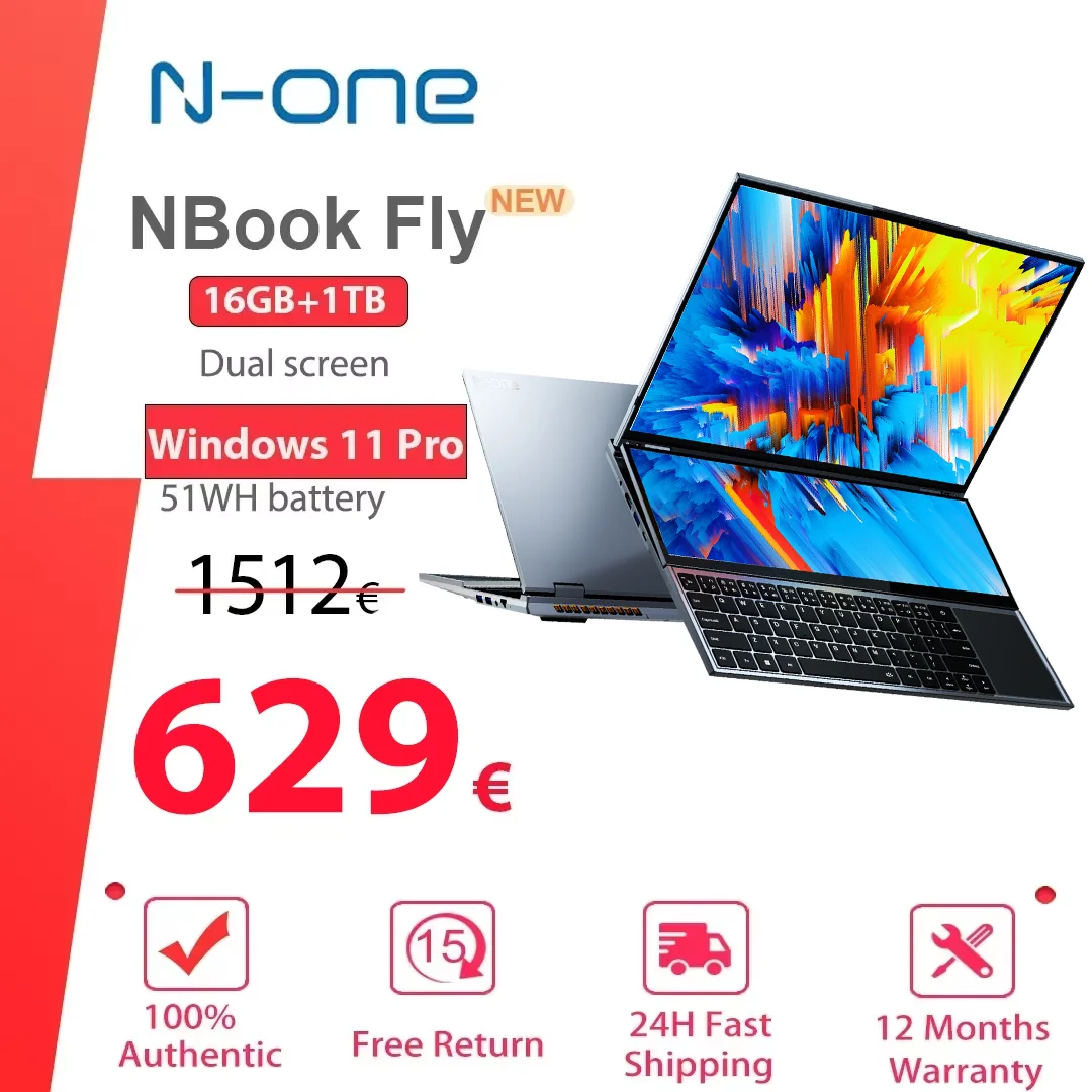 NEW N-one Nbook Fly Laptop 16GB+1T Intel® Core™ i7-10850H Windows 11 Pro Double Screen 16''+14'' Touch pad Office Study Computer