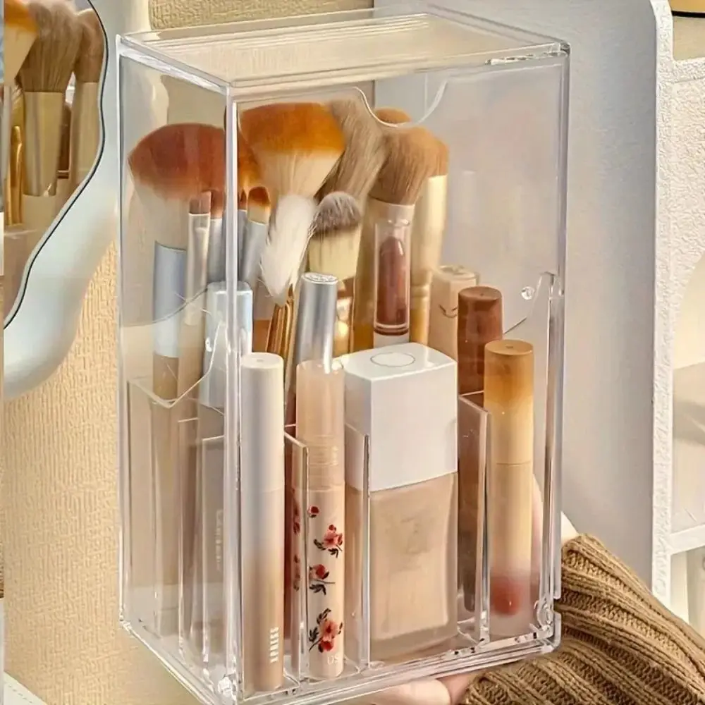 Transparent Makeup Display Rack with Lid Flip-Top Makeup Brushes Holder 17 Slots Portable Cosmetics Tools Organizer Travel