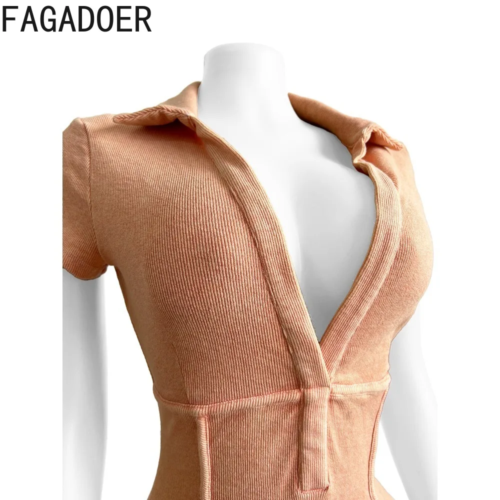 FAGADOER Fashion High Quality Ribbing Bodycon Rompers Women Deep V Short Sleeve Slim Jumpsuits Summer New Female Sporty Overalls